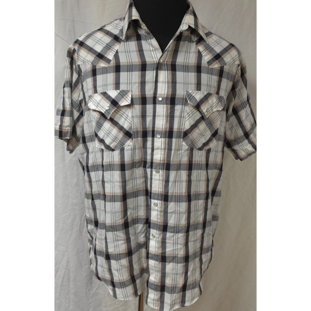 Plains Western Wear Mens Large White Beige Black Stripe Plaid Pearl Snap Shirt